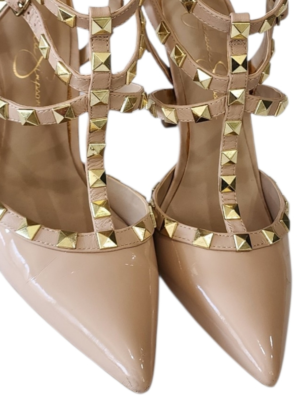 Jessica Simpson Nude Patent Studded Caged Strappy Pointed Toe Heels Size 7.5 - Picture 14 of 14